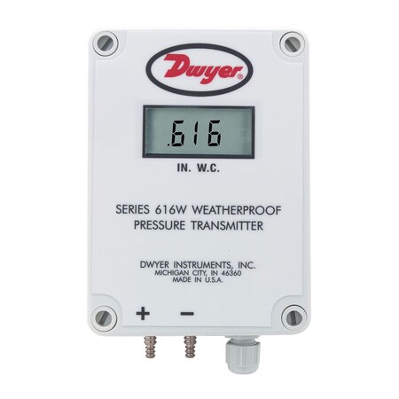 Dwyer Instruments Differential pressure transmitter, range 60-0-60 Pa, NEMA 4X housing, with LCD display. 616WL-32-LCD